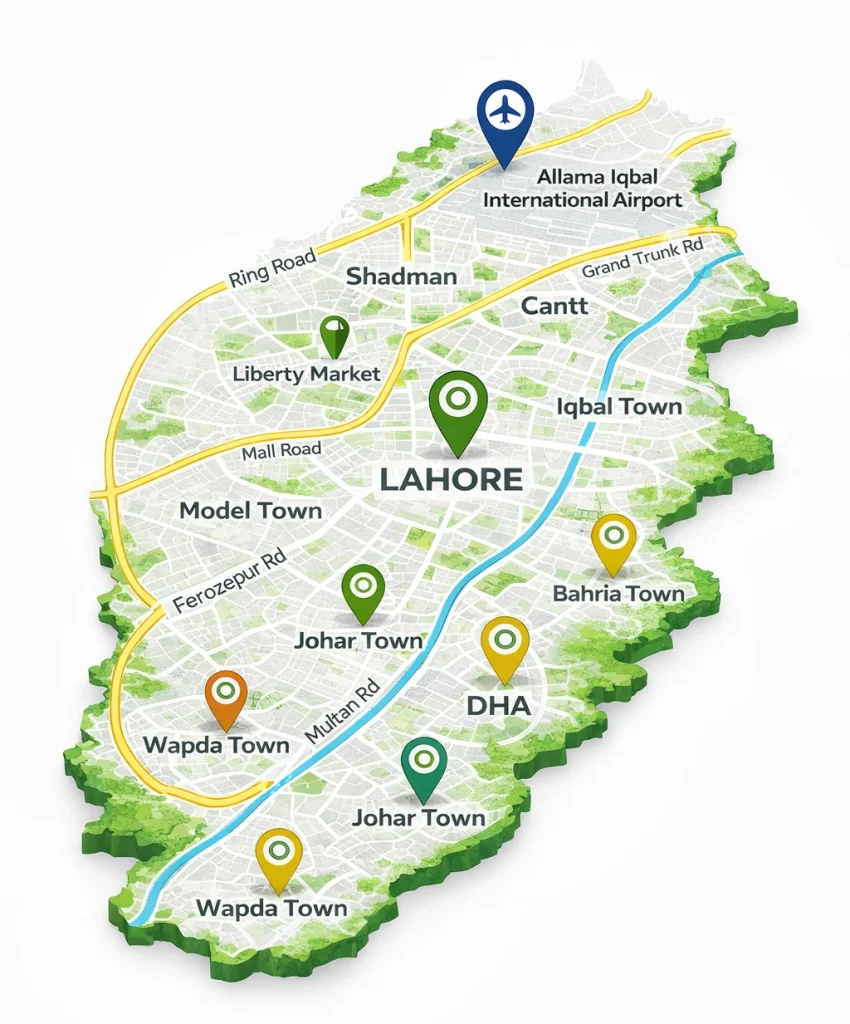 Lahore rent a car service areas map showing DHA, Gulberg, Johar Town, Bahria Town and Allama Iqbal International Airport by Rafay Car Rental Lahore
